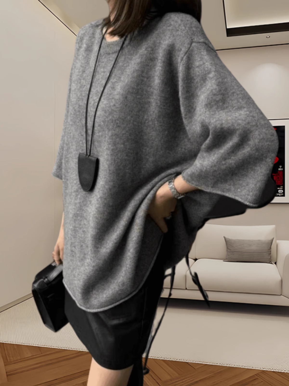 【現貨】慵懶風春秋兩件套 五分袖針織衫女 外穿高腰顯瘦皮短褲 純色毛衣黑色皮褲