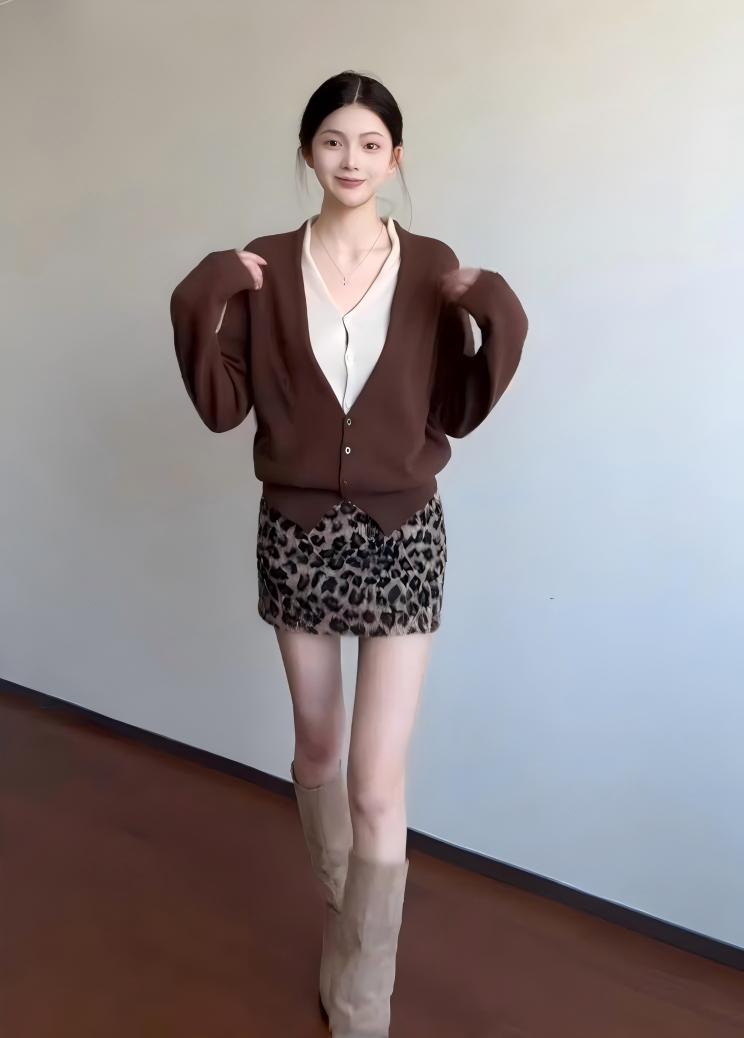 早春趨勢套裝組｜美拉德咖色假兩件針織衫｜豹紋短裙｜甜酷風一整套穿搭