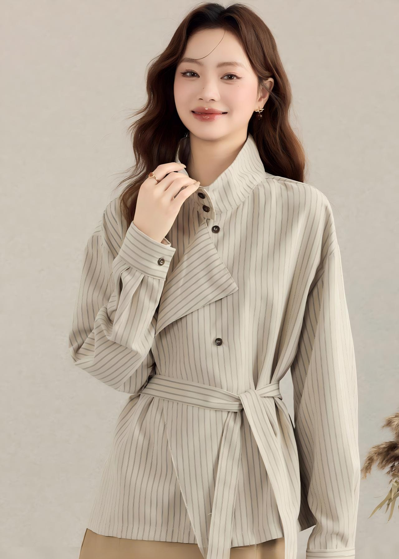 約質感條紋襯衫 綁帶收腰設計感襯衣 秋季寬鬆上衣