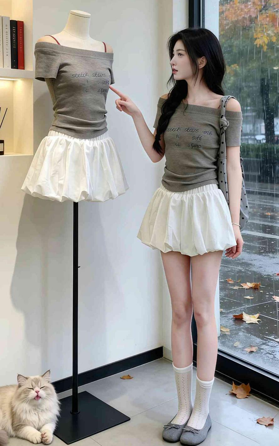春夏韓系溫柔風氣質套裝｜字母刺绣針織短袖｜高腰白色短裙｜時尚一整套兩件組