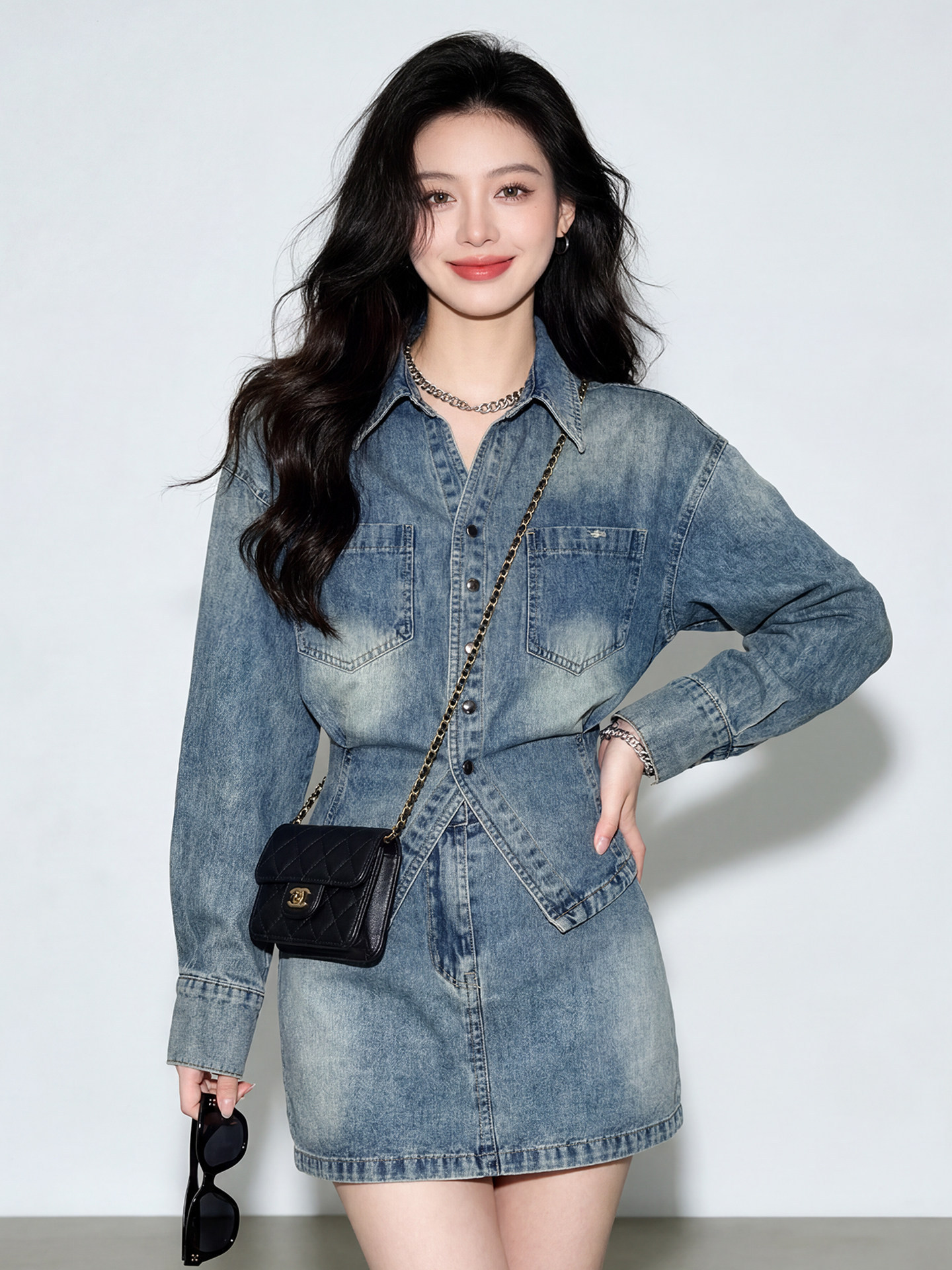 韓系顯瘦牛仔套組 | 氣質收腰牛仔襯衫+牛仔短裙