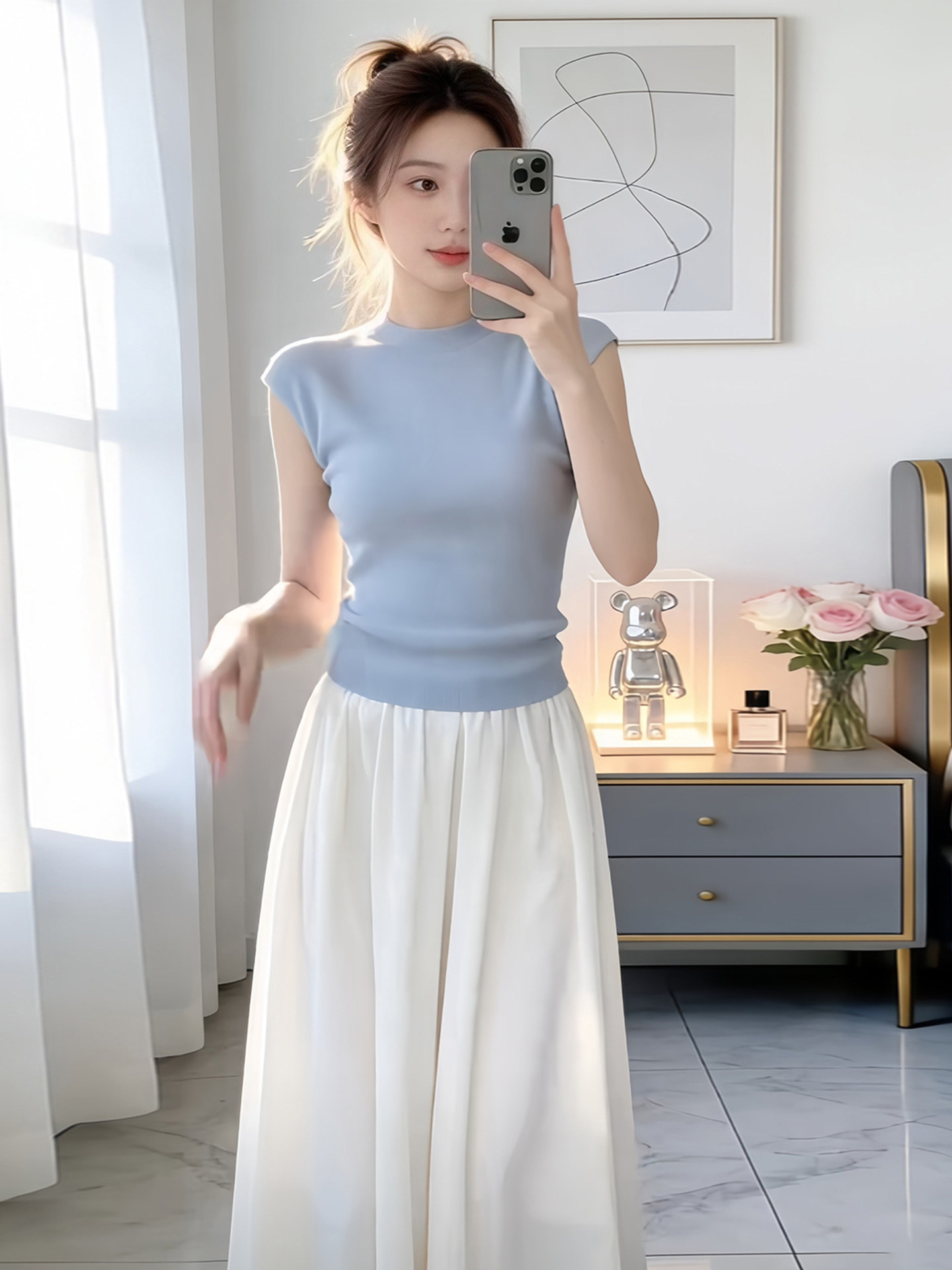 【預售】韓系清新OOTD套裝｜藍色圓領飛袖背心｜白色高腰半身裙