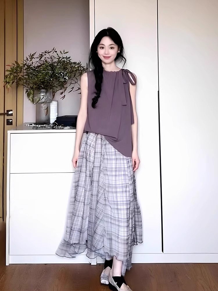 夏季韓系穿搭一整套 紫色無袖綁帶上衣 格子半身裙 兩件套