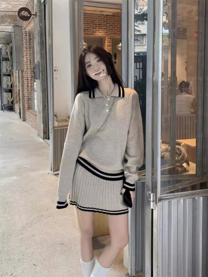 減齡polo領寬鬆針織套裝 長袖毛衣 百褶半身短裙  顯瘦顯白兩件套