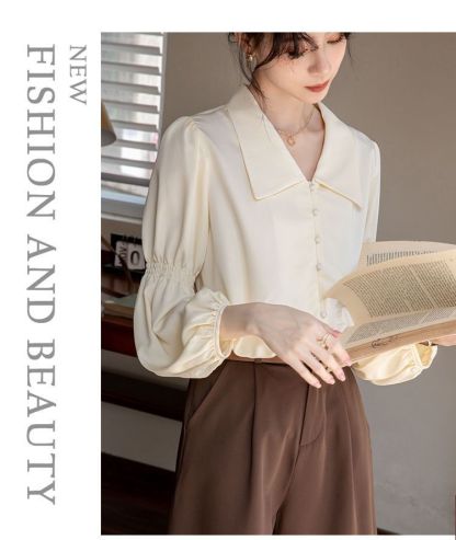 燈籠袖杏色襯衫 法式復古襯衣 OL通勤上衣