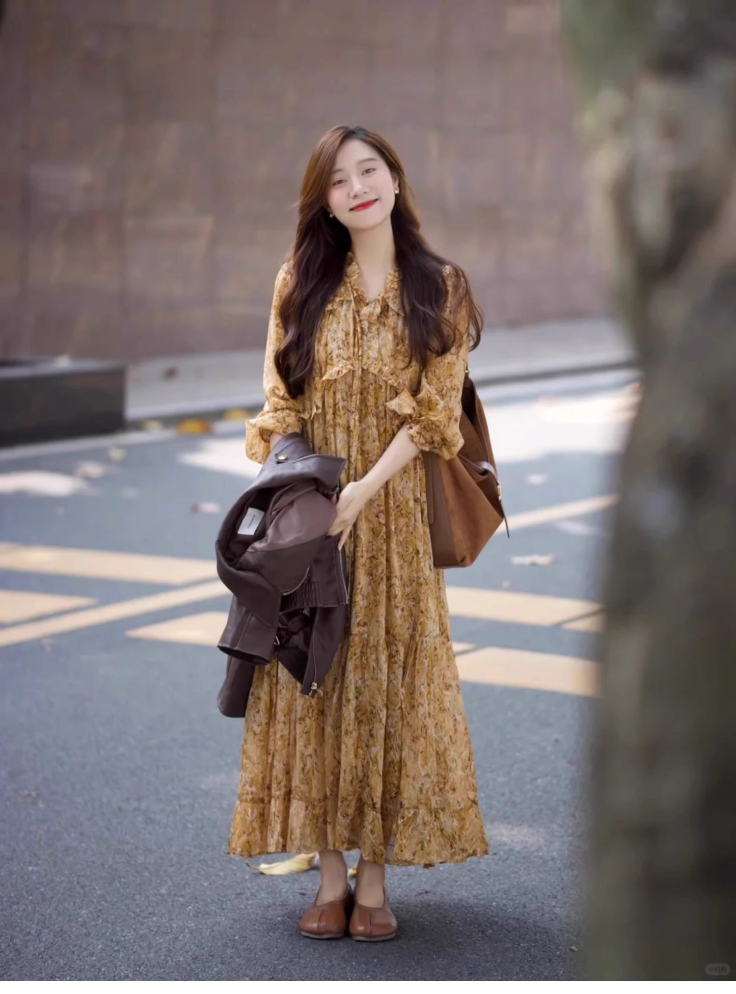 法式復古 美拉德套裝 PU咖色皮衣 碎花雪紡洋裝連衣裙