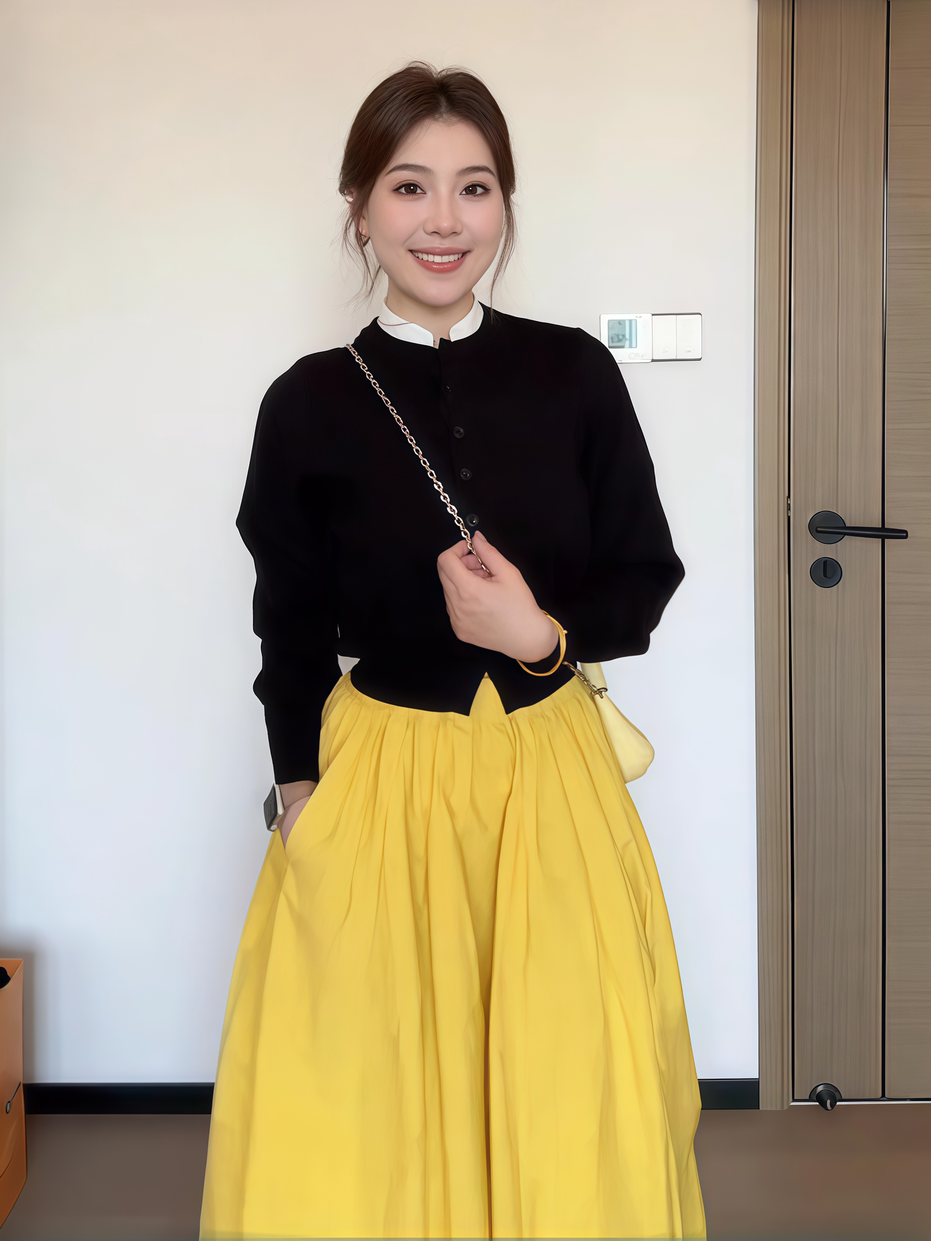 法式氣質套裝｜黑色針織開衫｜高腰黃色半身裙兩件組｜活力優雅日常穿搭