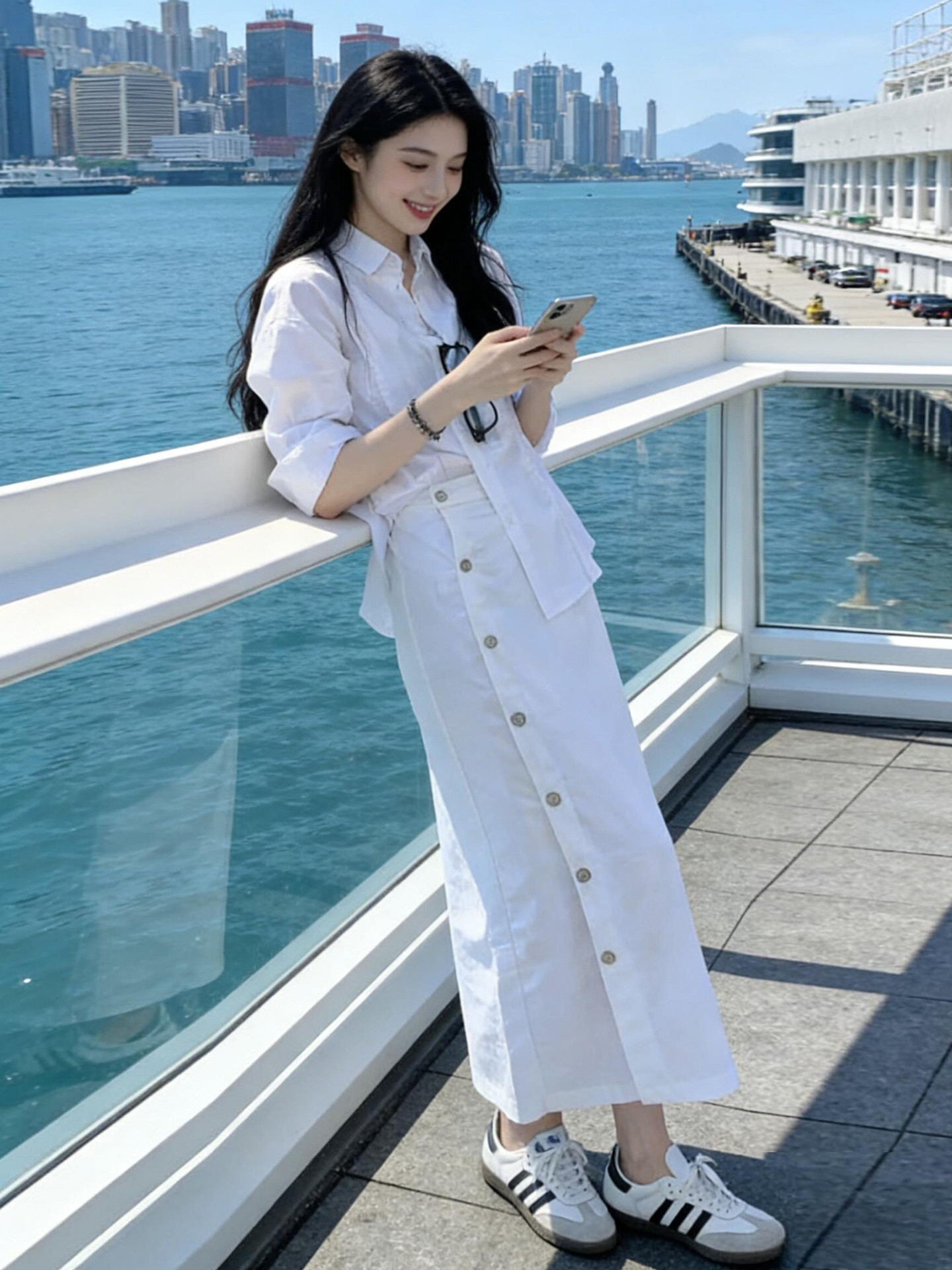 法式老錢風純白套裝｜棉麻長袖防晒襯衫｜紐扣高腰半身裙