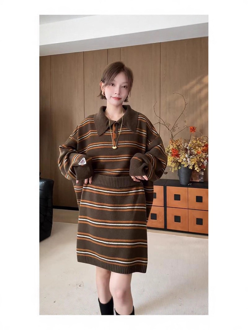 韓系慵懶風條紋毛衣+針織長裙套裝