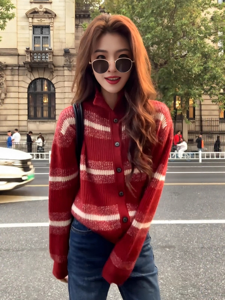 節日氛圍感單品｜紅色費爾島提花針織外套｜可內搭可外穿｜秋冬復古毛衣