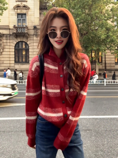 節日氛圍感單品｜紅色費爾島提花針織外套｜可內搭可外穿｜秋冬復古毛衣
