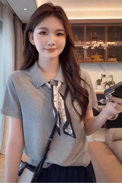 夏季限量款！氣質針織POLO領短袖+附贈絲巾｜寬鬆顯瘦上衣｜三色可選