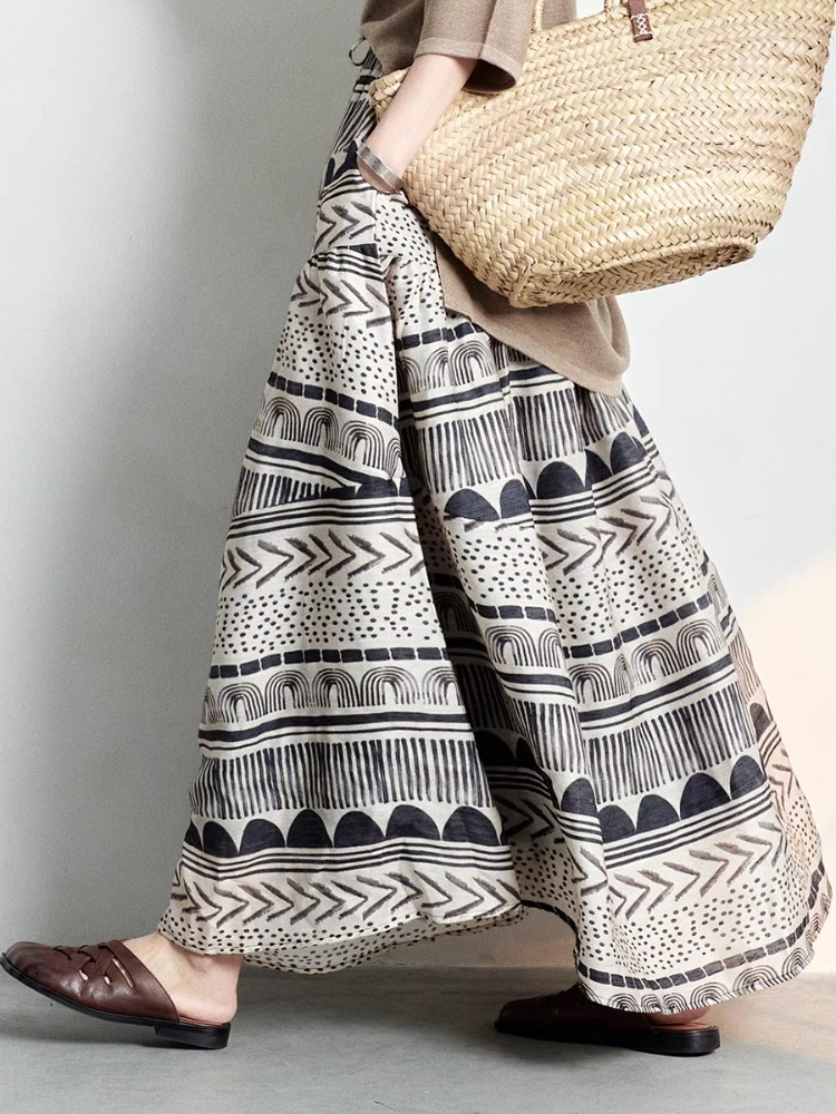 夏季限量款！復古印花A字裙｜棉麻混紡垂墜面料｜高腰修飾小腹｜文藝風大擺設計