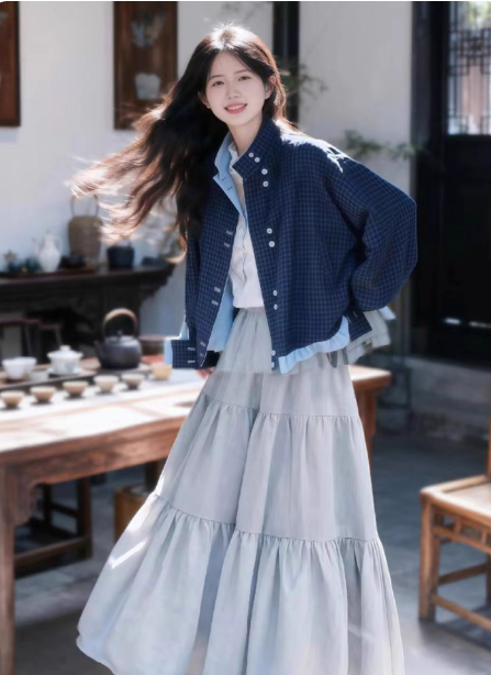 2025秋季韓系溫柔風「兩穿設計」外套套裝｜一件外套兩種穿搭 x 花苞下擺顯瘦半身裙｜