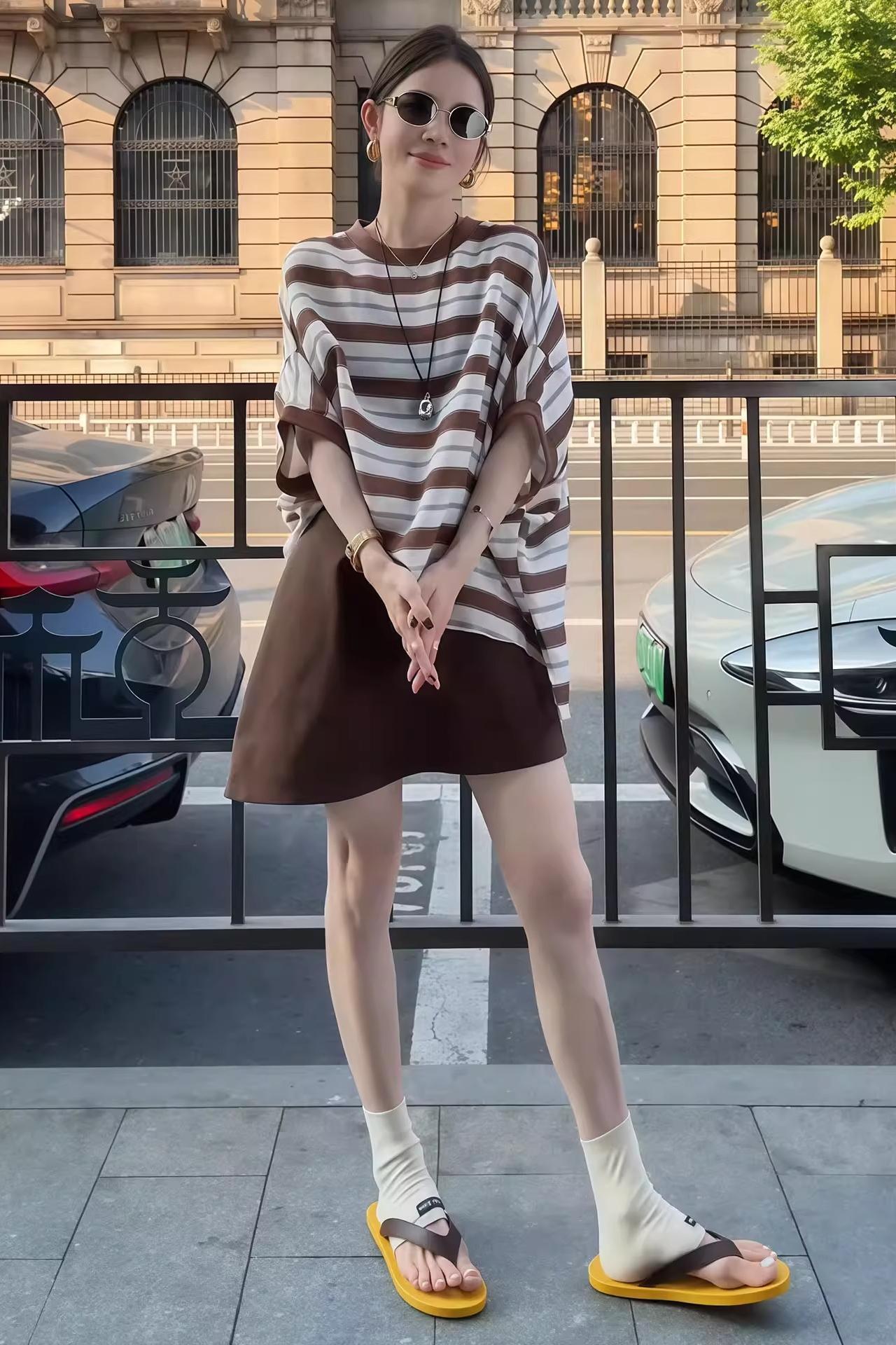 獨家設計款｜撞色條紋短袖上衣+顯瘦A字裙｜寬鬆兩件式｜夏季復古套裝