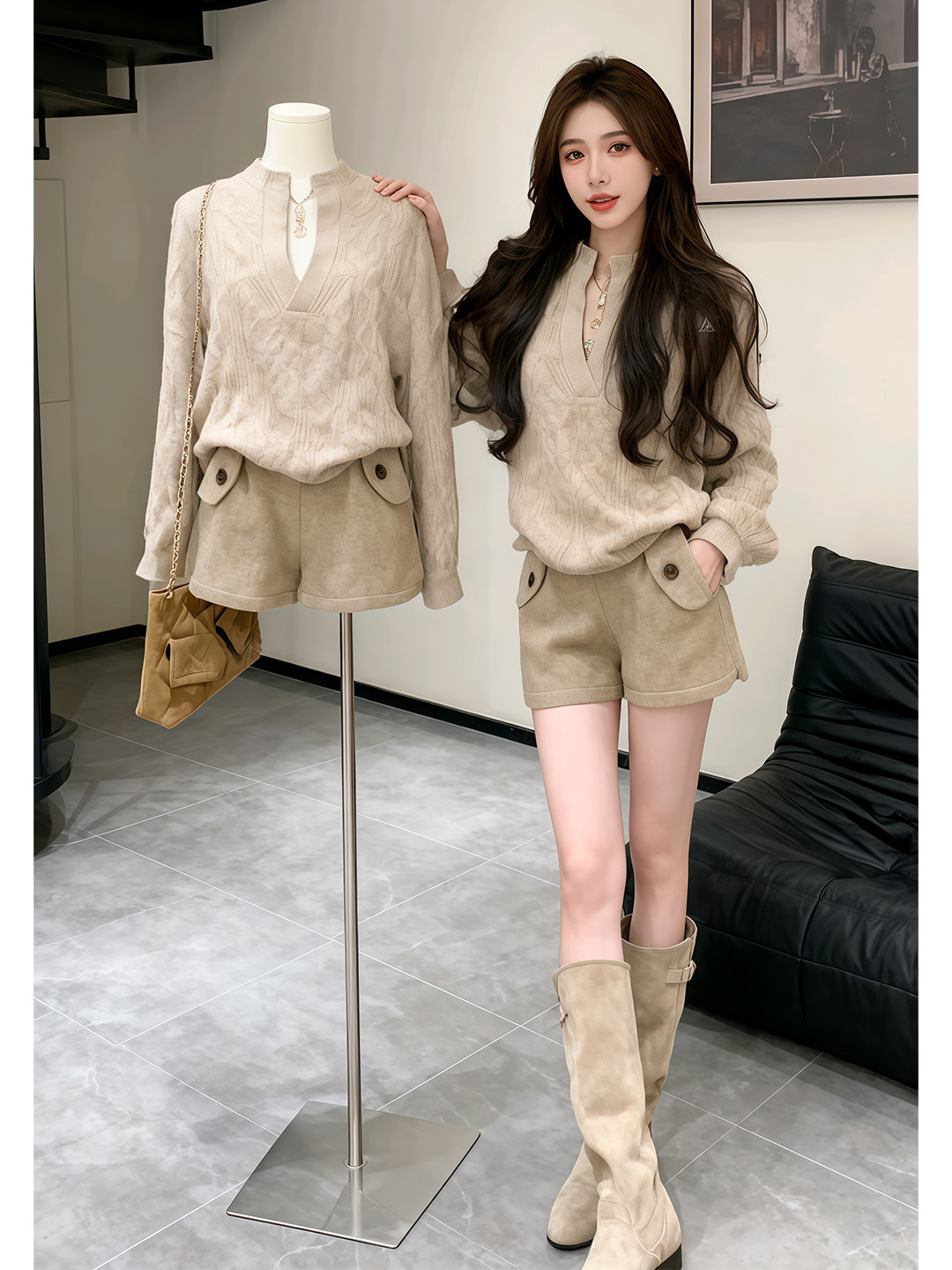 韓系慵懶穿搭組｜針織上衣+休閒短褲