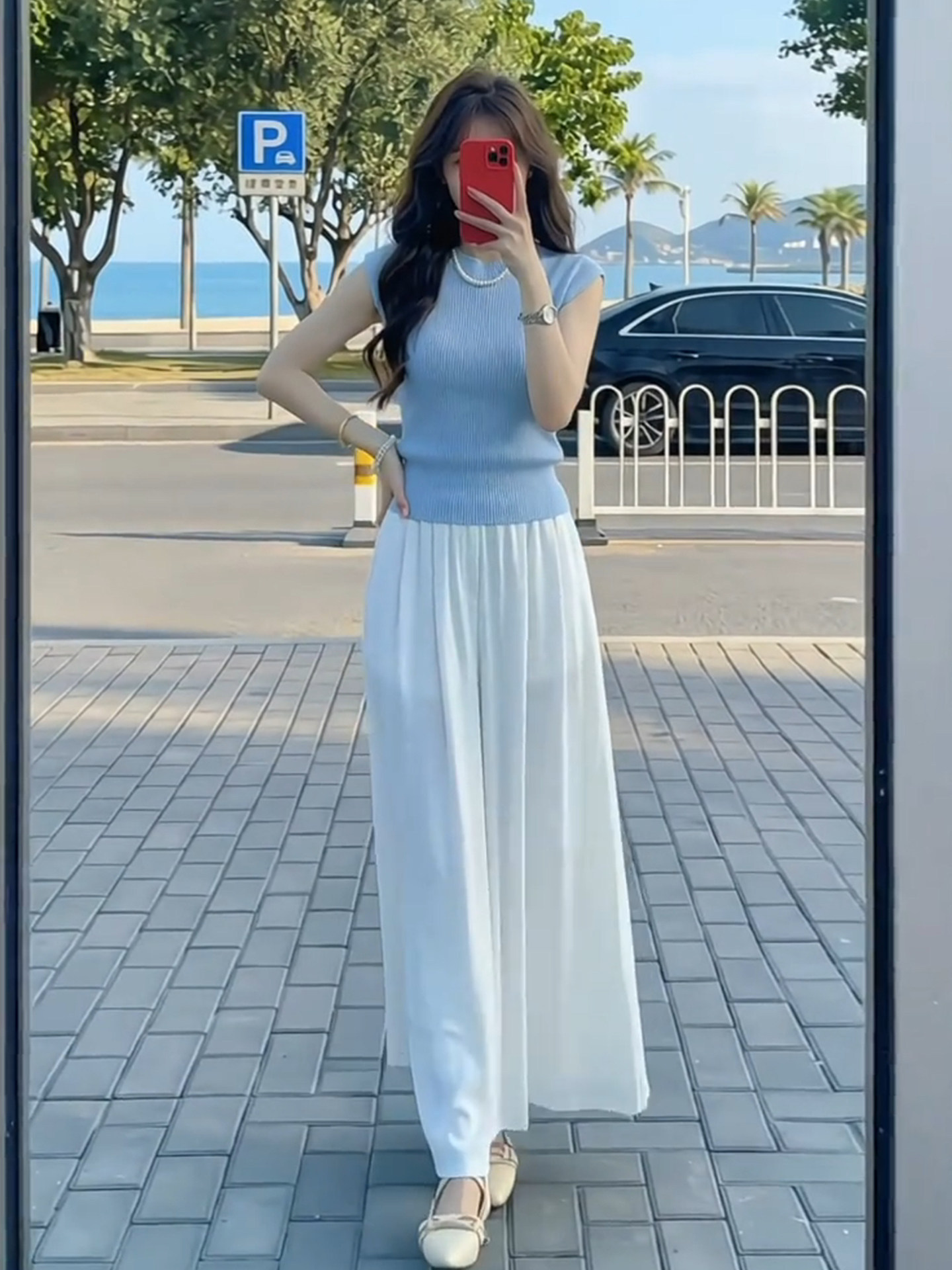 韩系一整套ootd穿搭女2026年春季蓝色圆领短袖T恤白色半身裙套装