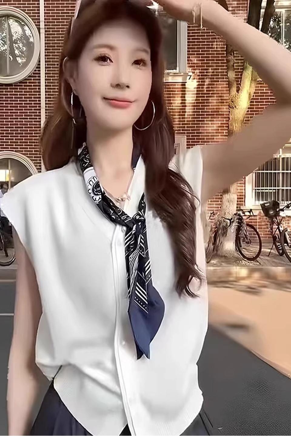 夏季韓系冰絲針織衫｜V領無袖開衫+贈質感絲巾｜通勤顯瘦上衣｜高級感設計