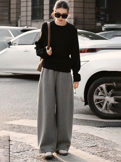 秋冬季休閒時尚套組｜黑色長袖衛衣｜灰色直筒長褲｜免搭配日常穿搭簡約兩件套