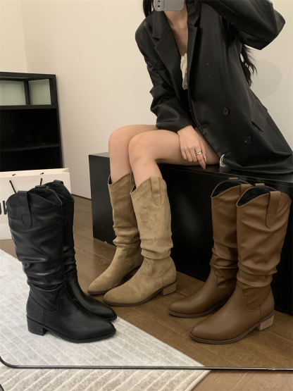 顯腿直神器｜復古皺褶堆堆靴｜西部風高筒長靴