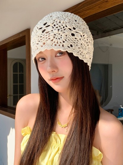 日雜風手作蕾絲透空包頭帽｜春夏薄款文藝百搭編織帽