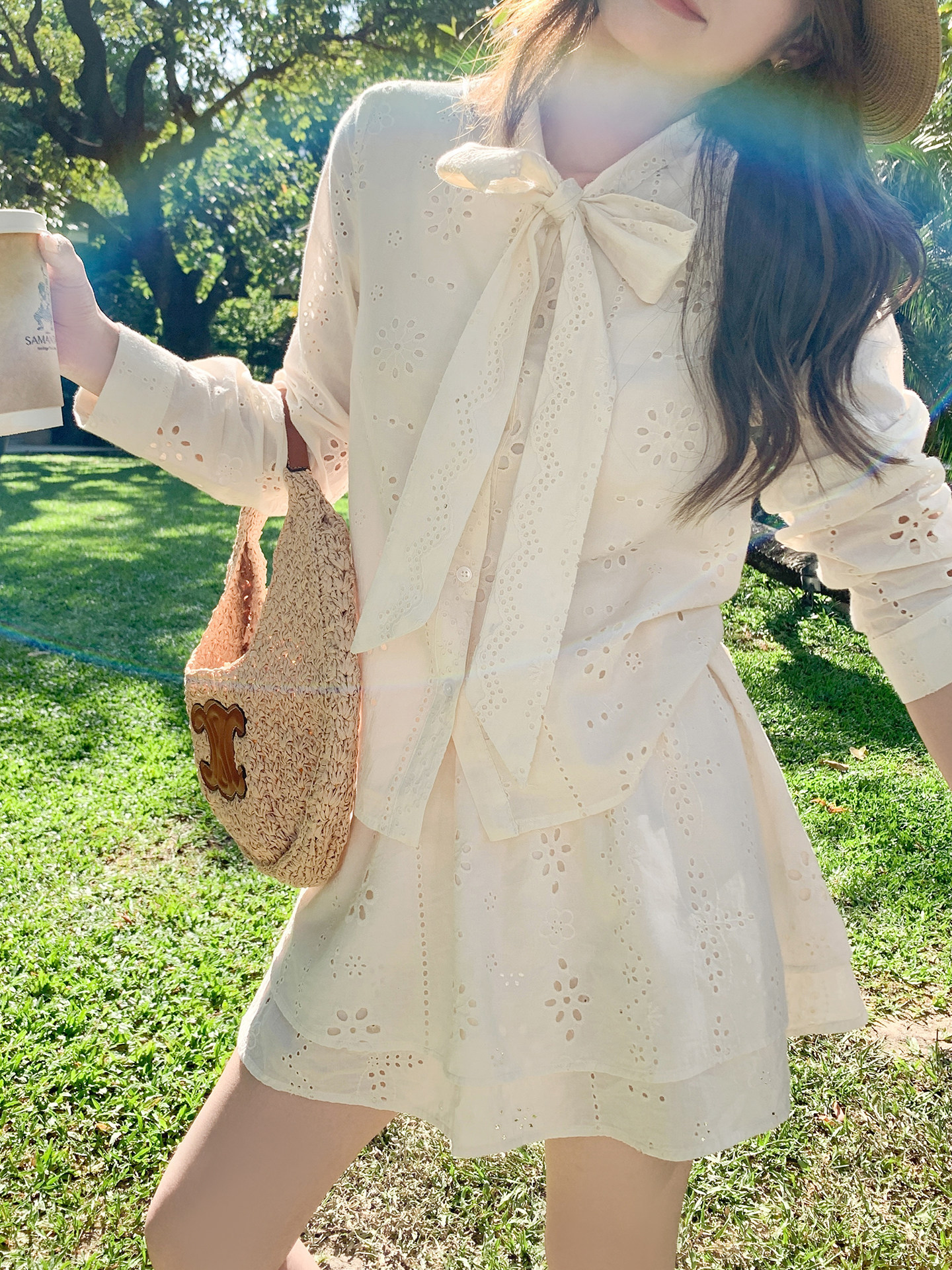 韓系杏色蝴蝶結鏤空襯衫 | 短裙兩件套