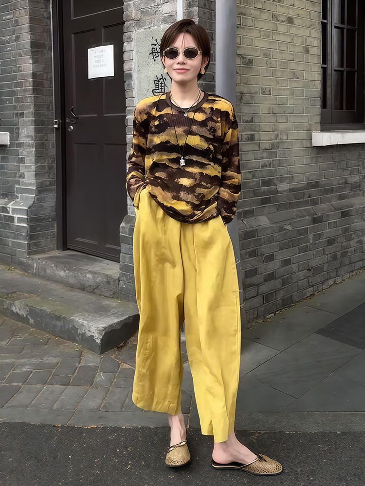 早秋虎紋套裝｜防曬罩紗薄款長袖+黃色高腰九分褲｜慵懶風兩件式｜鬆緊帶設計