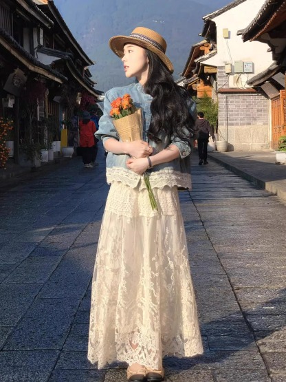 小香風蕾絲牛仔外套套裝組｜氣質藍白配色的夢幻逸品｜約會聚餐必備戰服