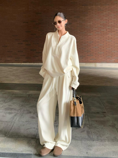 秋冬休閒運動老錢風套裝｜立領設計衛衣 + 休閒褲｜時尚高級感日常穿搭