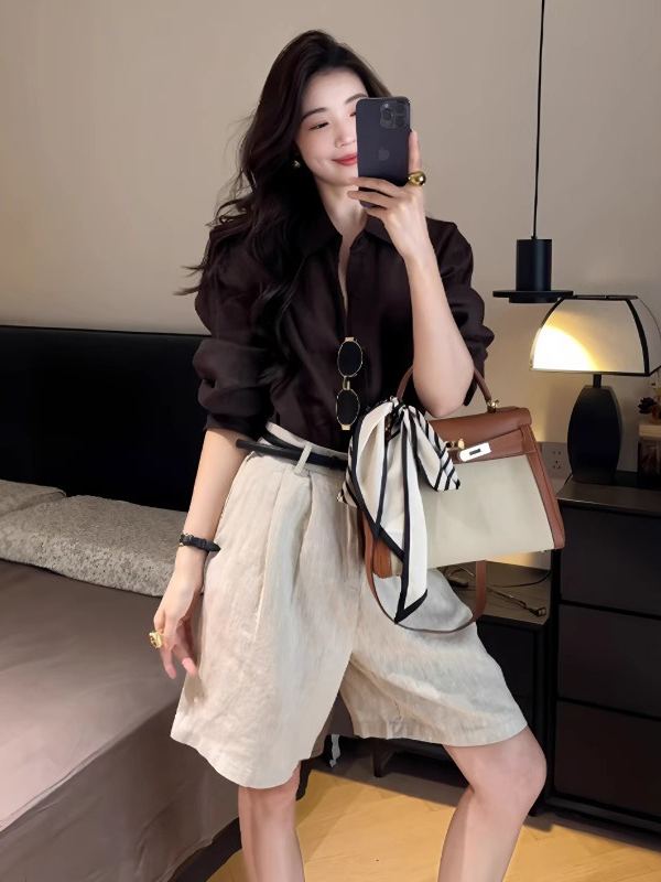 秋季老錢風套裝｜咖啡色翻領襯衫+亞麻短褲｜韓系高級感兩件式