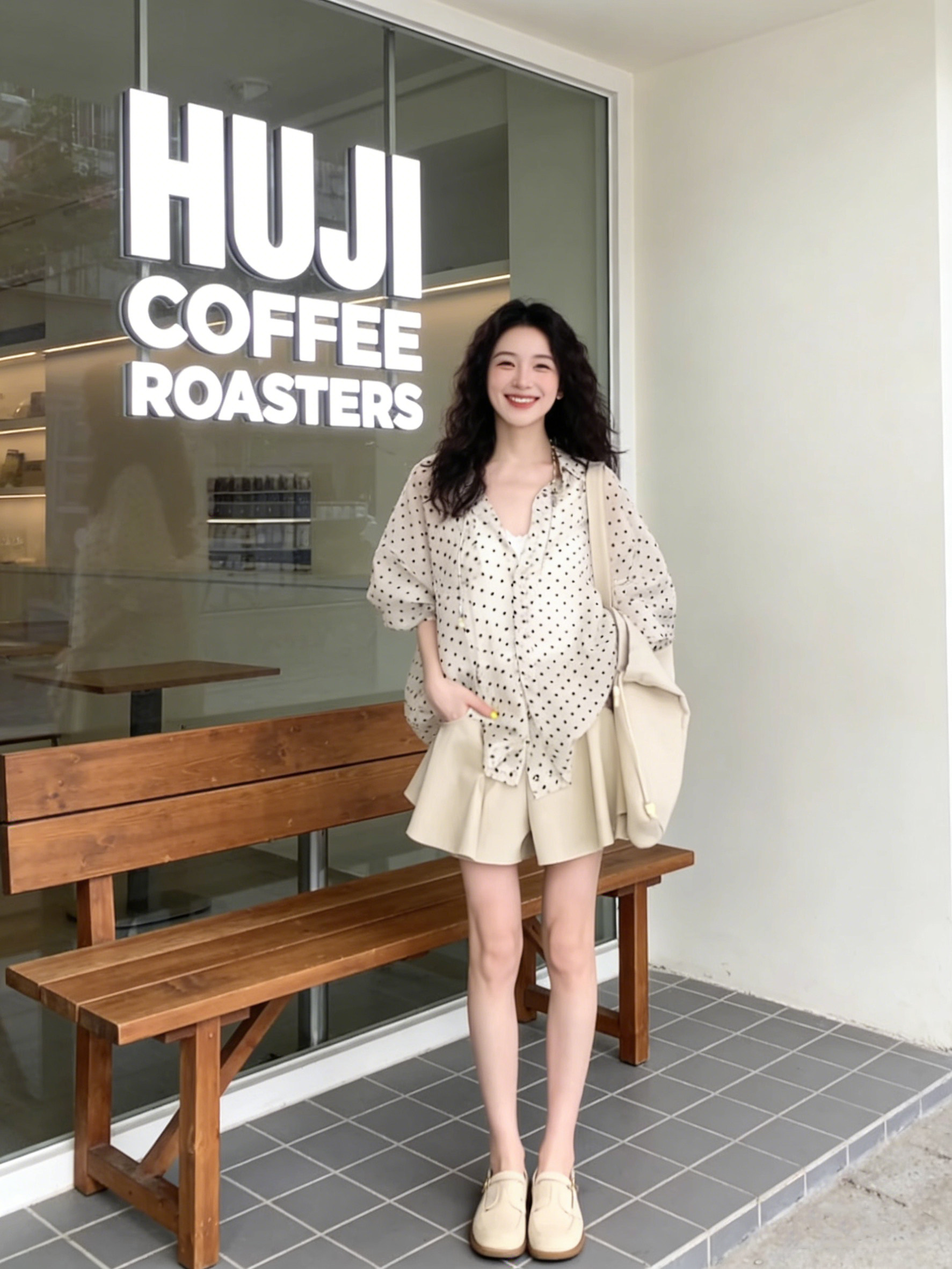 雪紡波點襯衫 | 高腰短褲兩件套