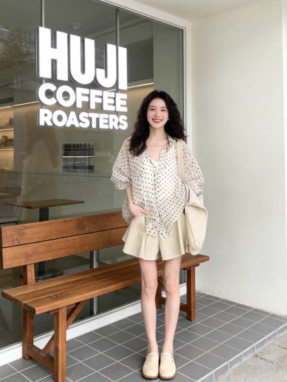 雪紡波點襯衫 | 高腰短褲兩件套