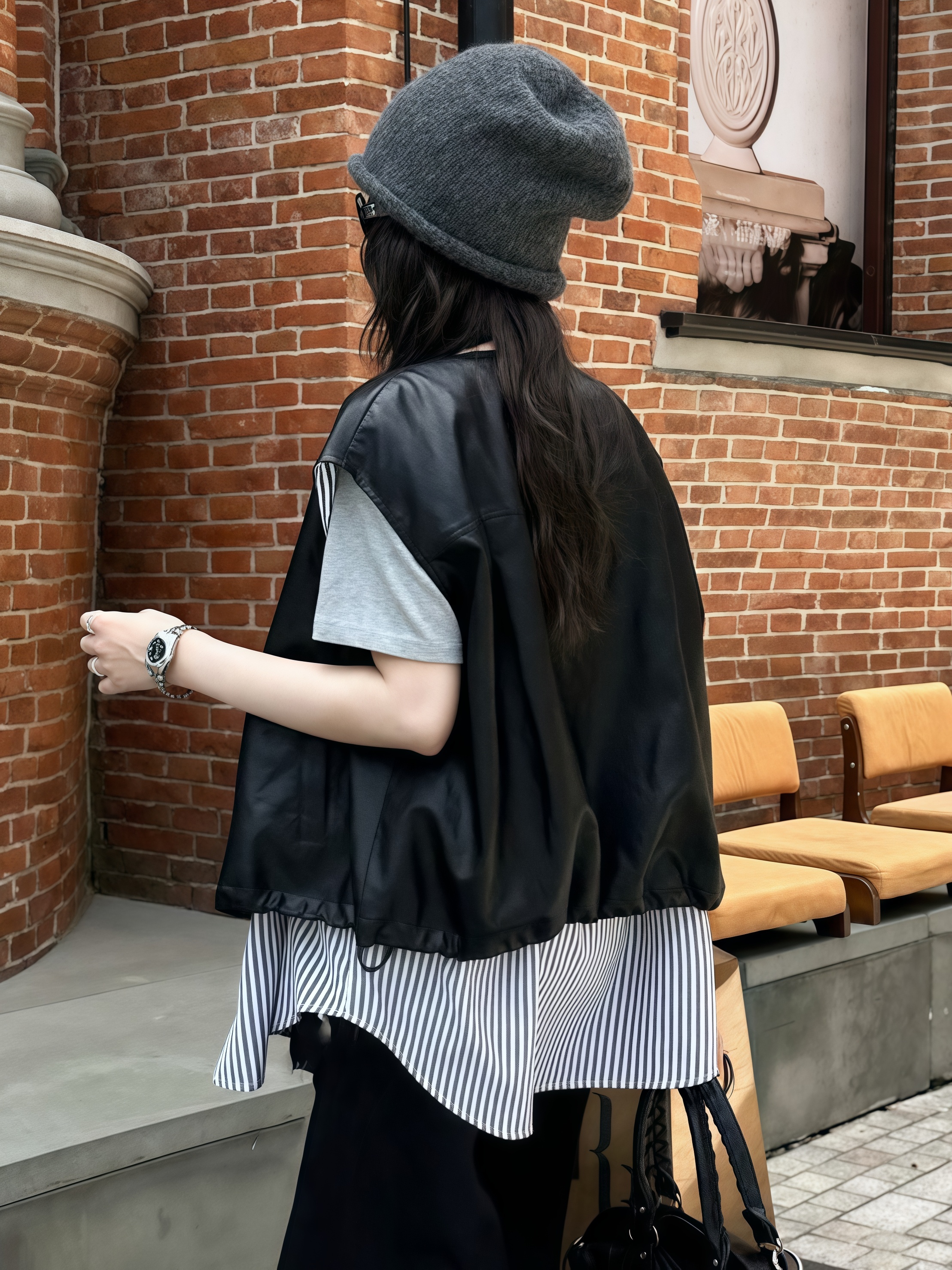 假兩件條紋拼接皮質背心｜韓系寬鬆外套