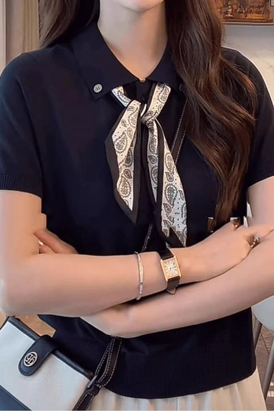 夏季限量款！氣質針織POLO領短袖+附贈絲巾｜寬鬆顯瘦上衣｜三色可選