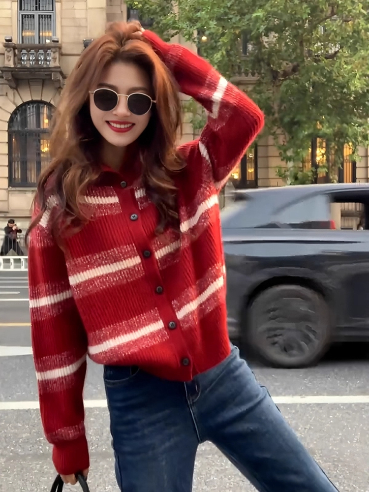 節日氛圍感單品｜紅色費爾島提花針織外套｜可內搭可外穿｜秋冬復古毛衣