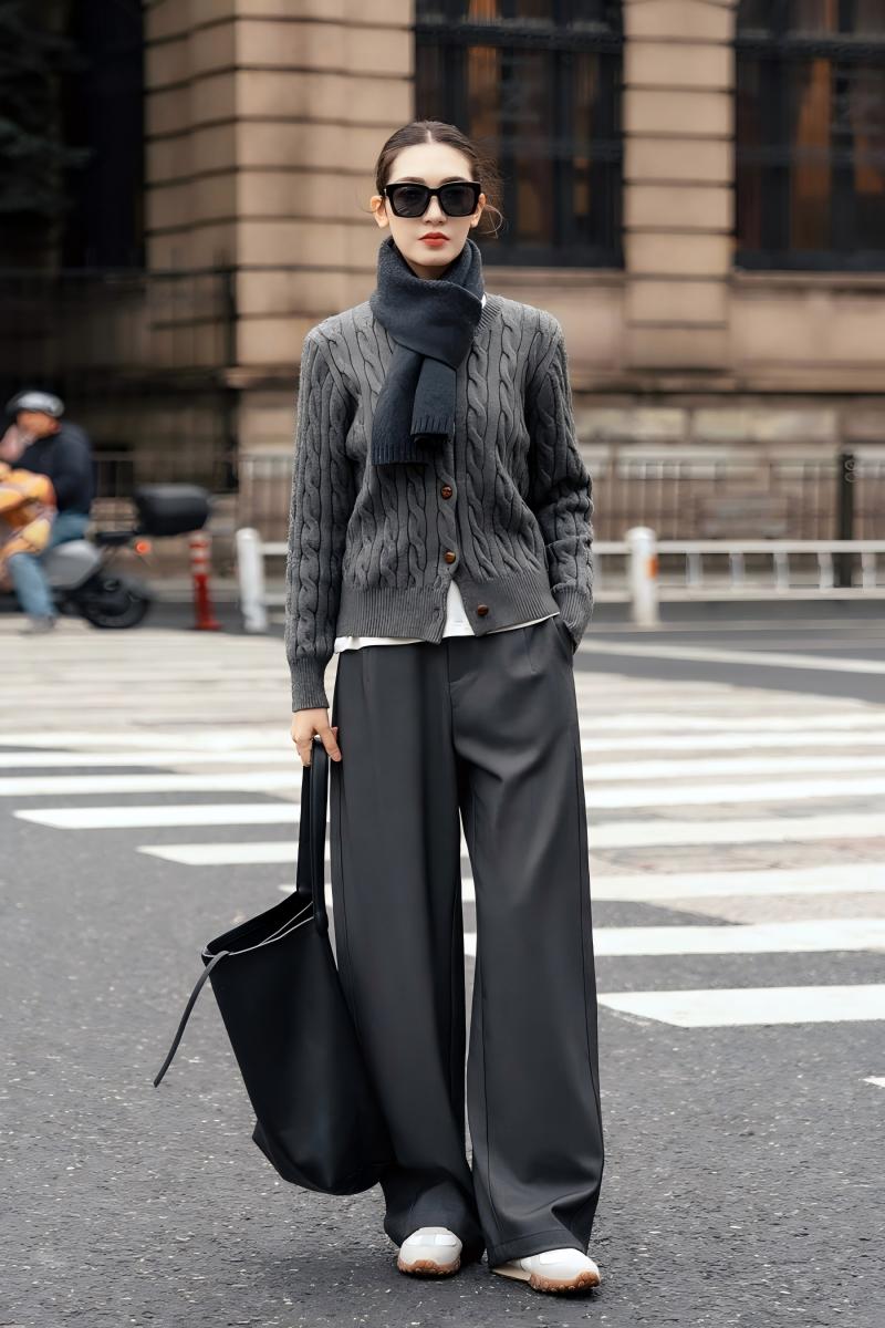 秋冬高級懶人套組｜灰色系慵懶針織開衫｜灰色高腰西裝褲｜顯瘦顯高穿搭