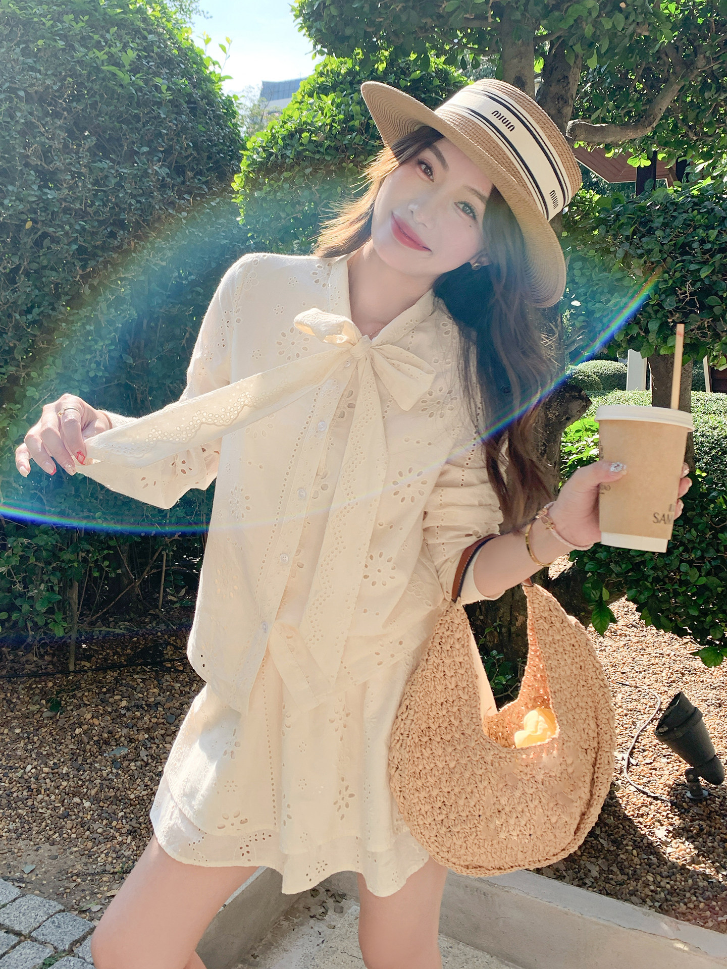 韓系杏色蝴蝶結鏤空襯衫 | 短裙兩件套