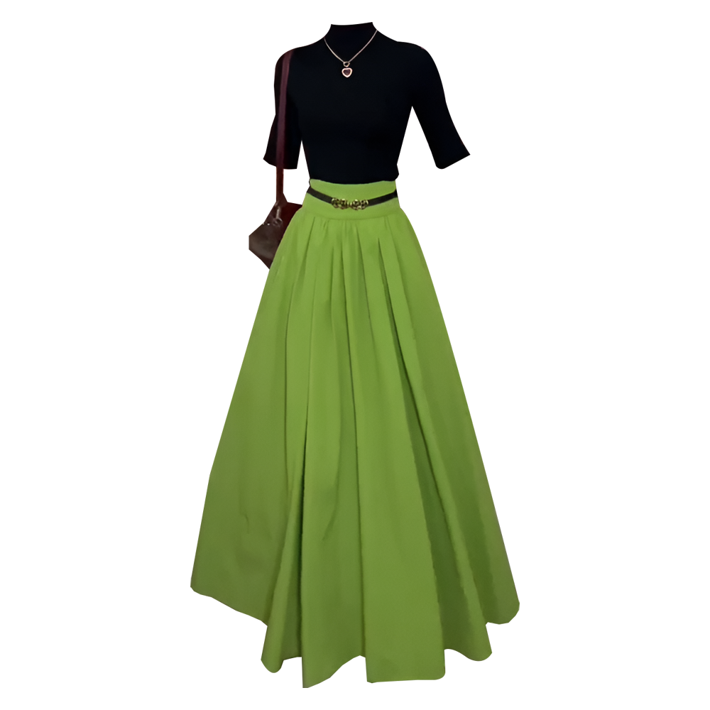 早秋法式優雅套裝｜黑色中高領半袖上衣｜高腰顯瘦青綠色傘裙｜氣質約會通勤兩件組