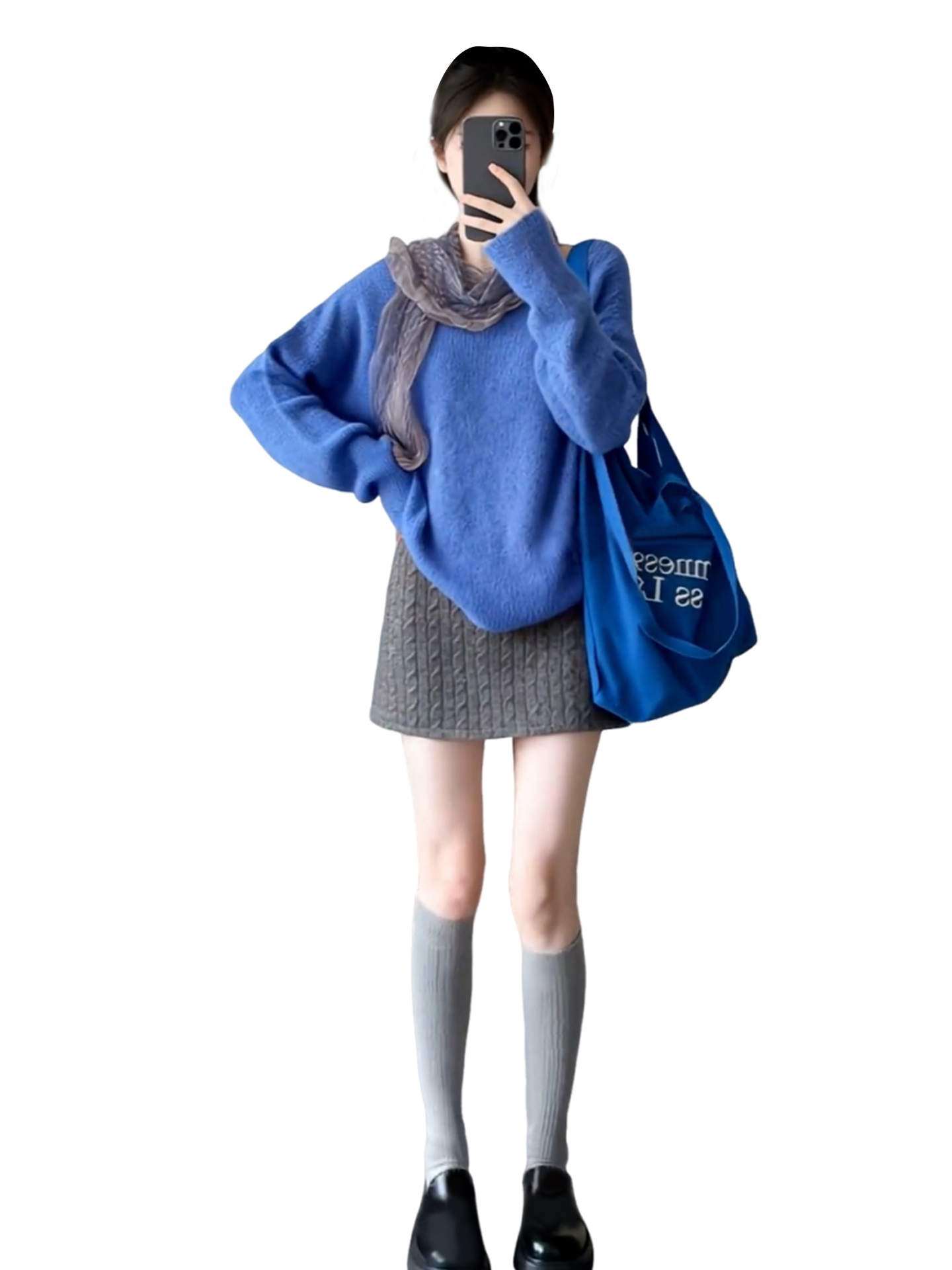 秋冬針織套裝｜藍色毛衣｜針織半身裙｜氣質藍灰色系兩件組｜溫柔感日常穿搭