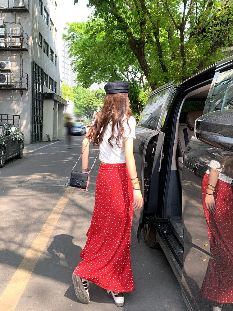 曾小咸 不规则红色波点碎花半身裙女夏季新款裙子高腰开叉a字长裙