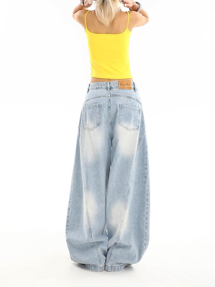 淺色彎刀設計感牛仔褲｜夏季美式復古寬鬆闊腿拖地潮褲女