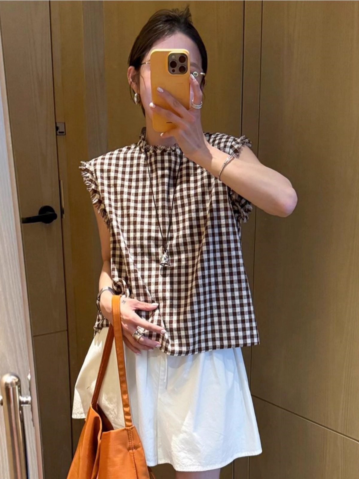 南法田園藍調套裝｜藍格撞色無袖背心+純色寬鬆闊腿褲裙｜復古毛邊設計｜兩件式穿搭