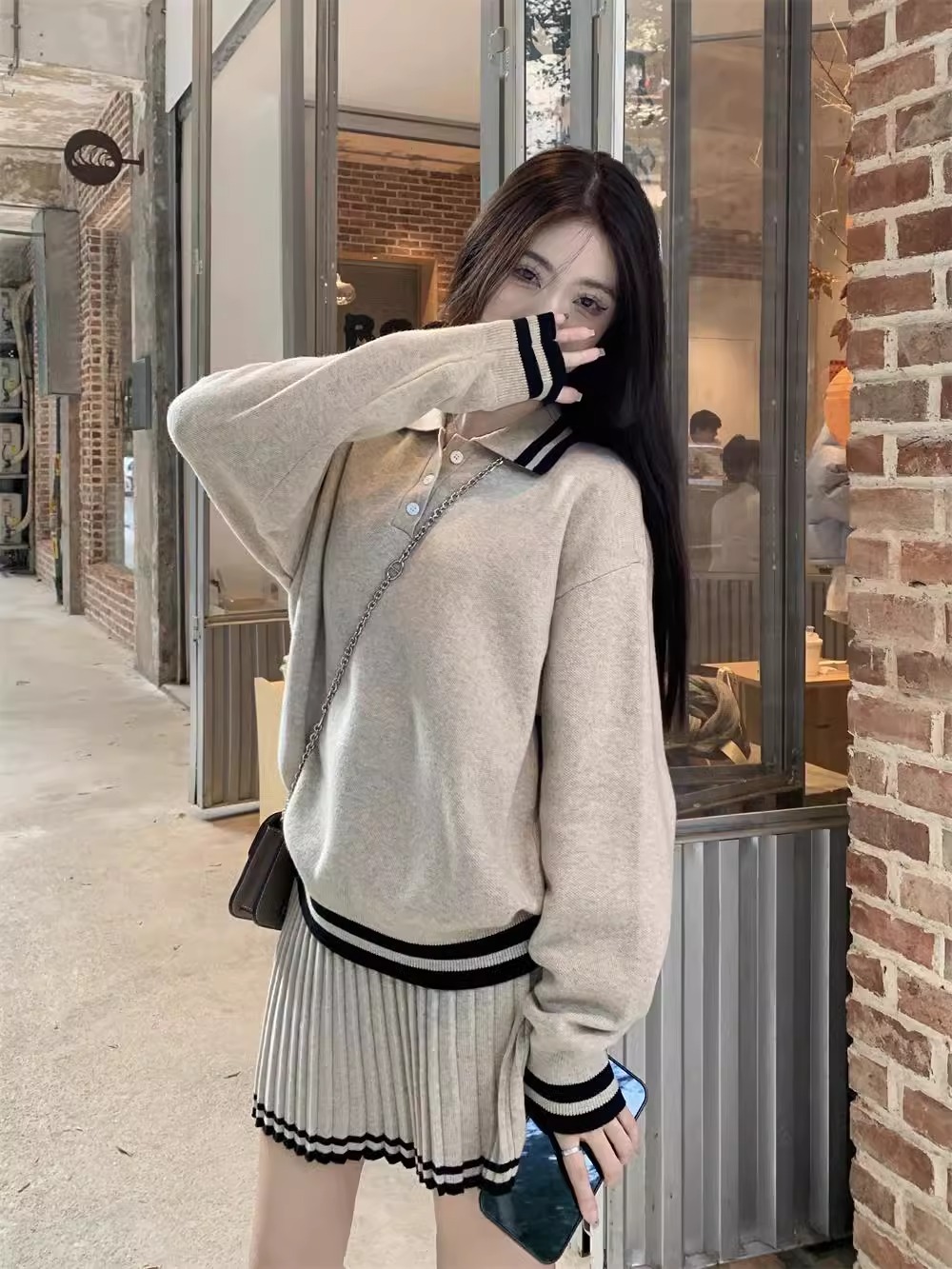 減齡polo領寬鬆針織套裝 長袖毛衣 百褶半身短裙  顯瘦顯白兩件套