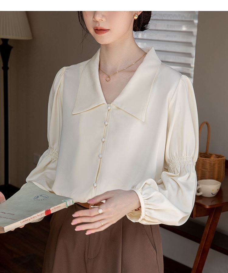 燈籠袖杏色襯衫 法式復古襯衣 OL通勤上衣