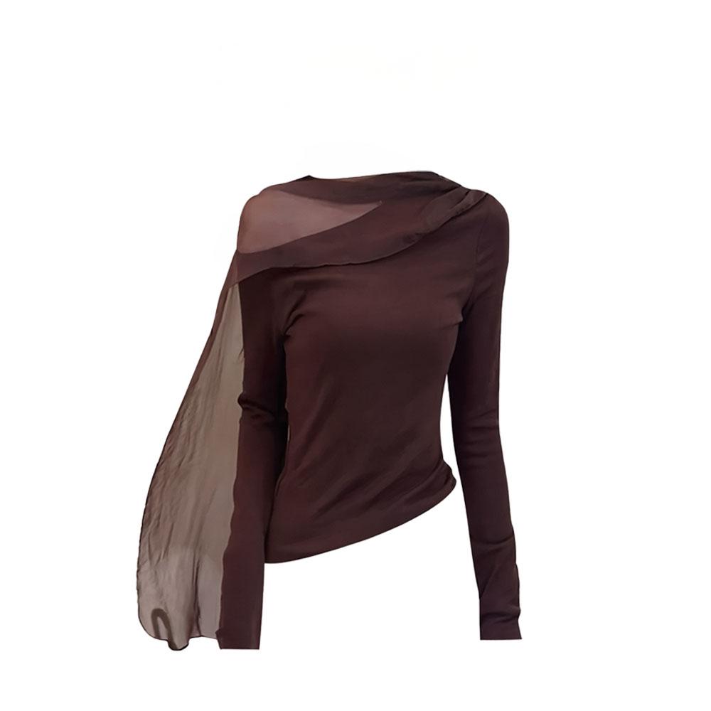 早秋美拉德風設計感套裝｜斜肩網紗飄帶棕色長袖上衣｜不規則復古闊腿褲｜氣質層次感兩件組