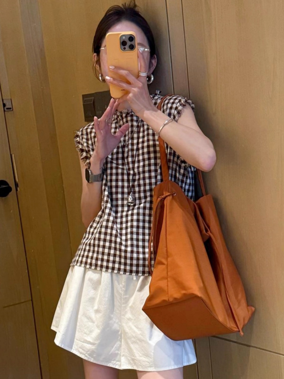 南法田園藍調套裝｜藍格撞色無袖背心+純色寬鬆闊腿褲裙｜復古毛邊設計｜兩件式穿搭