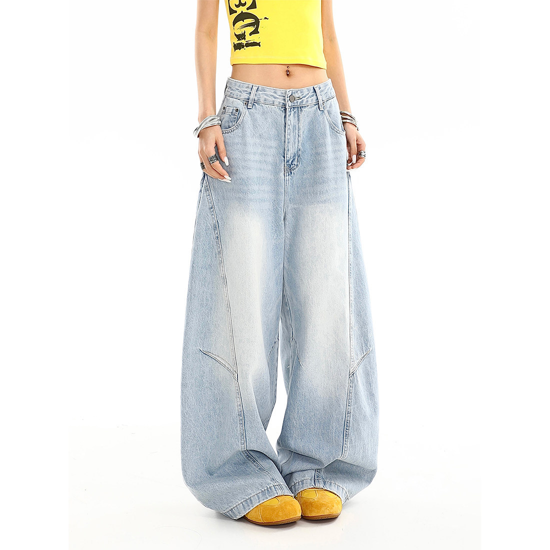 淺色彎刀設計感牛仔褲｜夏季美式復古寬鬆闊腿拖地潮褲女