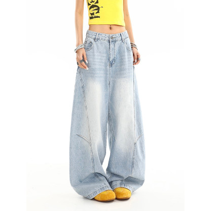 淺色彎刀設計感牛仔褲｜夏季美式復古寬鬆闊腿拖地潮褲女