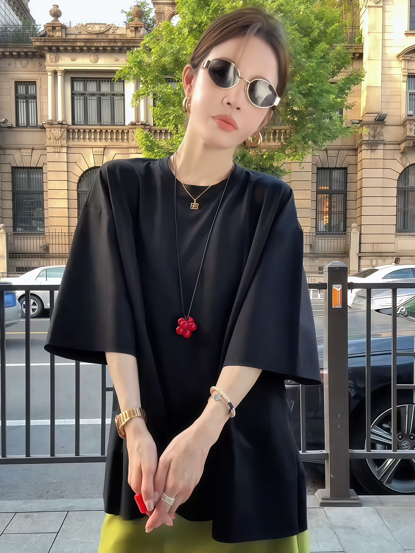 夏季高級感套裝｜黑色短T+淡綠A字裙｜慵懶風兩件式｜顯瘦設計