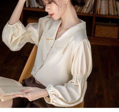 燈籠袖杏色襯衫 法式復古襯衣 OL通勤上衣